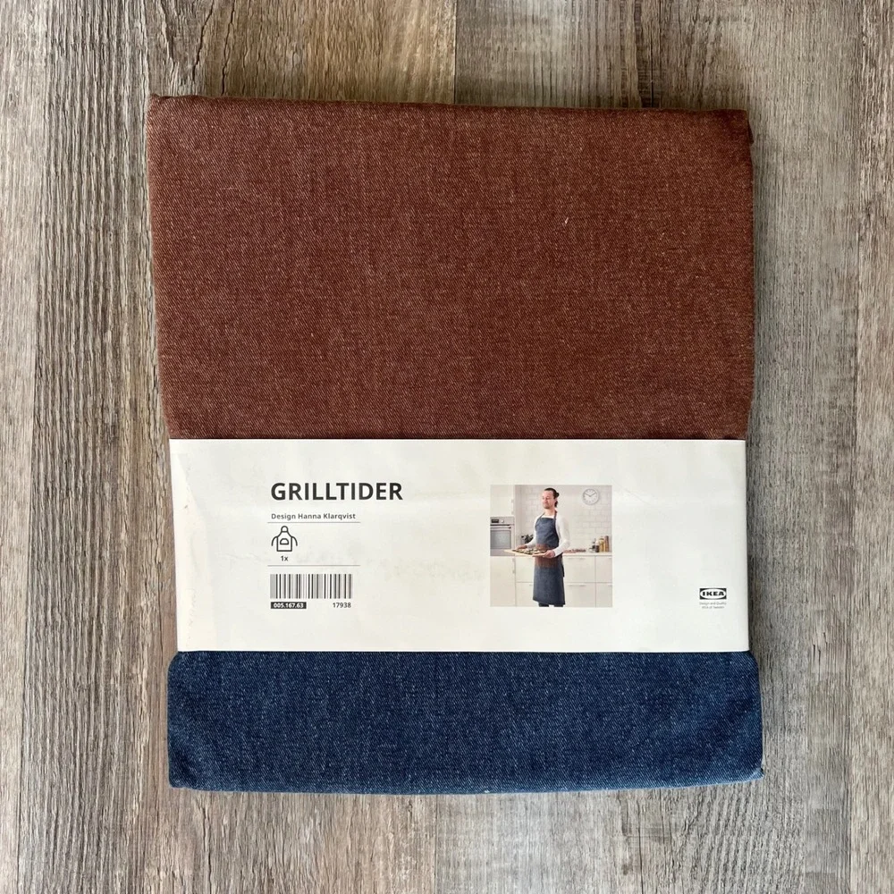IKEA GRILLTIDER Denim Kitchen Apron Blue Brown Cotton 1X‎ Chef Apron Modern